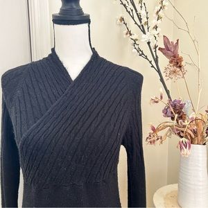 Busty cross over shawl v neck cable knit cotton black tunic sweater